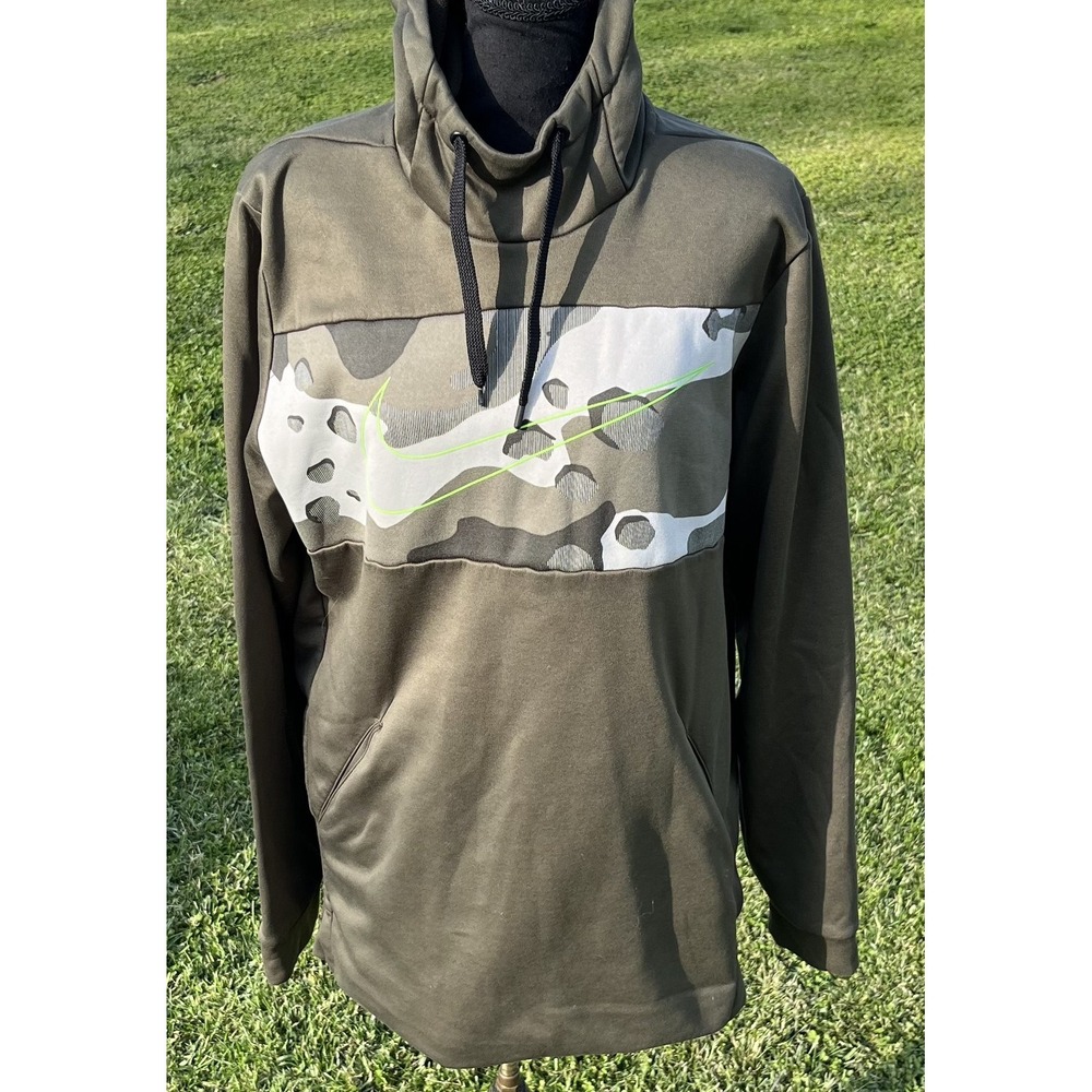 Nike Hoodie Mens Large Green Camo Dri-FIT Pullover‎ Fleece Swoosh Logo Athletic